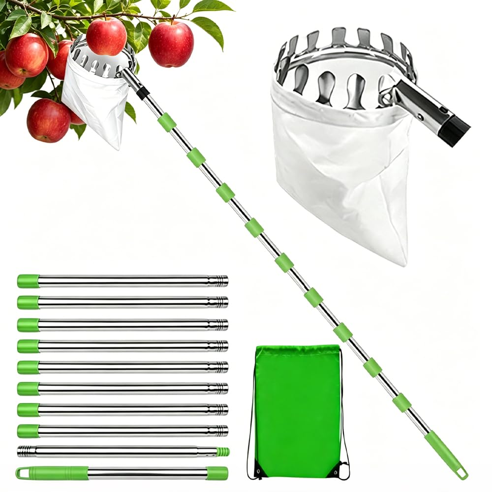 Fruit Picker With Telescopic Handle, 4M Adjustable Fruits Picker Tool, Fruit Picker Tool with Soft Linen Bag, Tree Picker Tool for Apple, Cherry, Berry, Orange, Lemon, Easy to Assemble