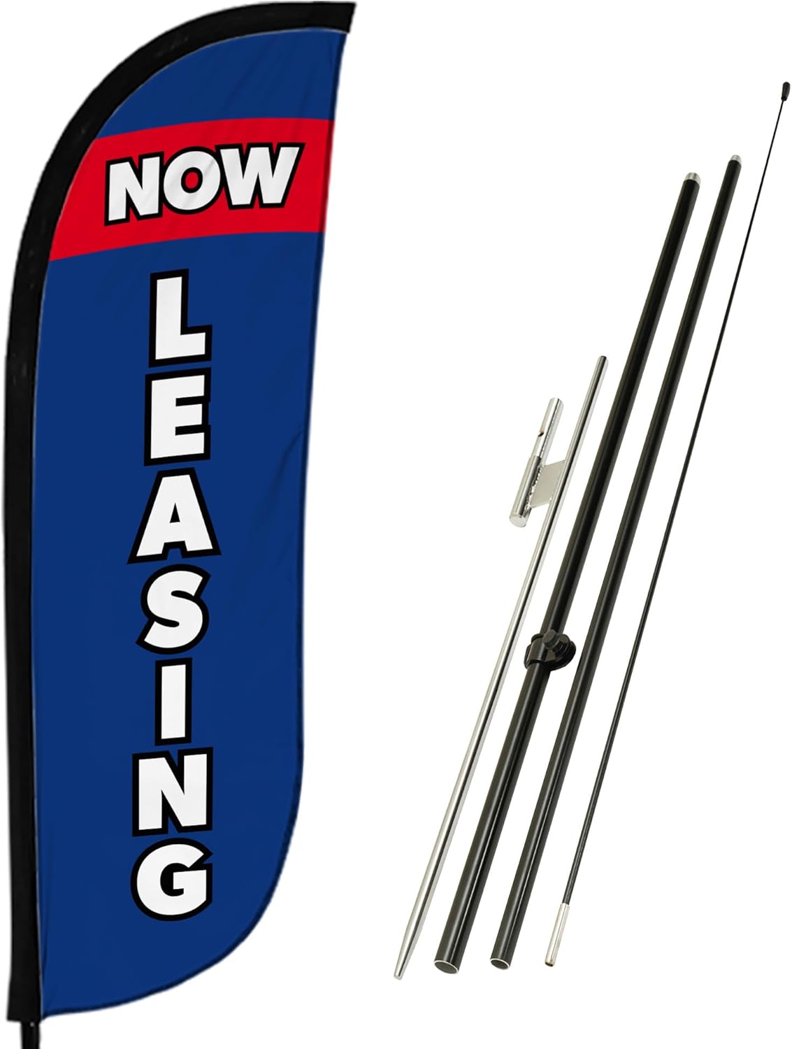 LookOurWay Feather Flag Pole Kit - 7 Feet Tall Advertising Banner with Fiberglass Pole Set and Ground Spike for Business Promotion - Real Estate Flags - Now Leasing Blue