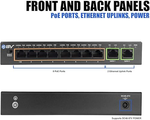 Miniatura 2 de BV -Tech Switch PoE de 8 puertos con 2 puertos Gigabit Uplink  Presupuesto de alta potencia de 96 W, diseño compacto de escritorio, transmisión