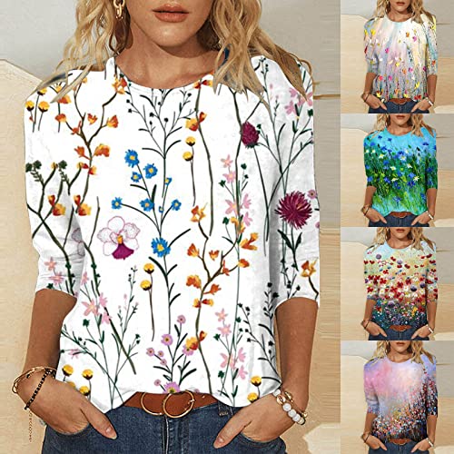 3/4 Length Sleeve Womens Tops 2023 Casual Dressy Summer Blouses Loose Fit Floral Print Work Office T Shirt Pullover #TOP3