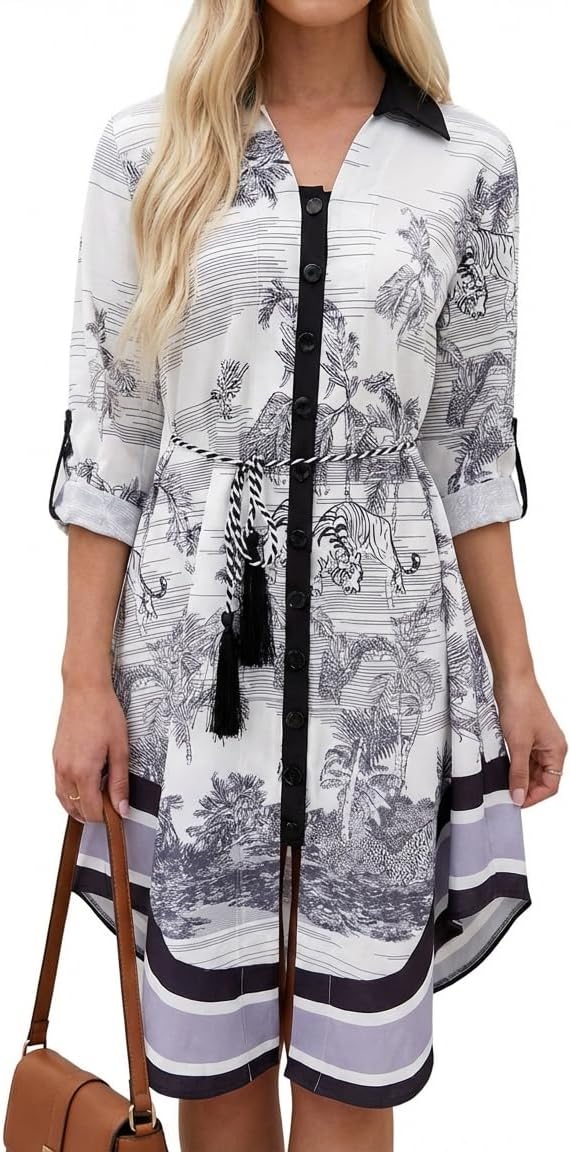 CHICME Womens Button Down Shirt Dress Long Sleeve Floral Print Midi Dress with Woven Belt Casual Business Work Tunic
