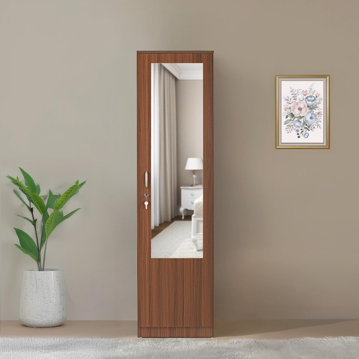 Nilkamal Joyce 1 Door Wooden Wardrobe with Mirror for Bedroom | Almirah with 4 Shelves & 1 Drawer | Clothes Cupboard, Storage Organizer | Engineered Wood | Walnut