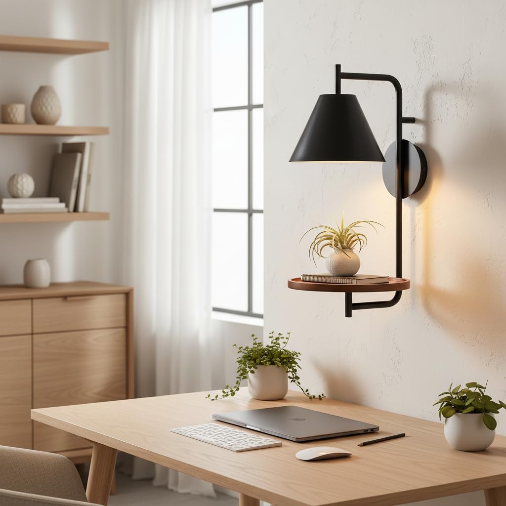BARCELONA LED Bilon Innen-Wandleuchte E27 mit integriertem Holzregal, moderne Wandlampe in Schwarz Matt für Schlafzimmer, Bettkopfteil, Wohnzimmer und Hotel, Leuchtmittel nicht enthalten