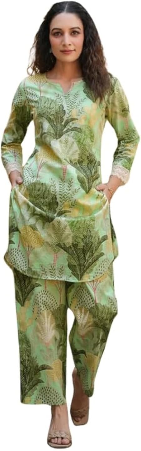 Women's Cotton Blend Green Printed V-Neck Co-ord Set | Daily & Casual Wear