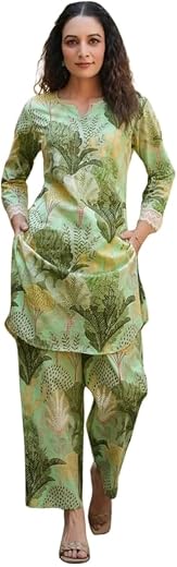 NAINVISH Women's Cotton Blend Green Printed V-Neck Co-ord Set | Daily &amp; Casual Wear
