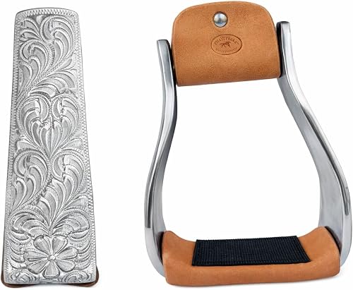 CHALLENGER Horse Saddle Angled Offset Stirrups Engraved Aluminum Western Leather 51194