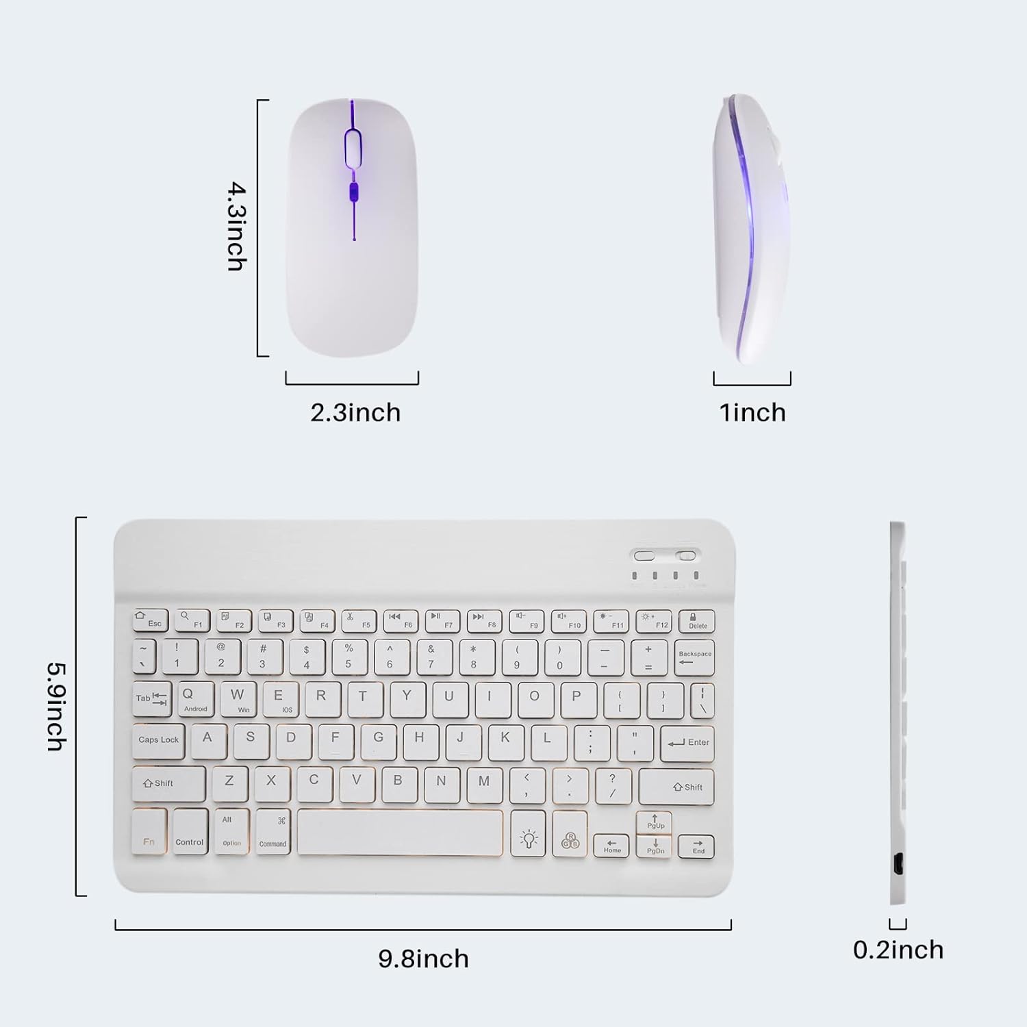 Diagram showing the dimensions of the keyboard (9.8x5.9x0.2 inches) and mouse (4.3x2.3x1 inch).
