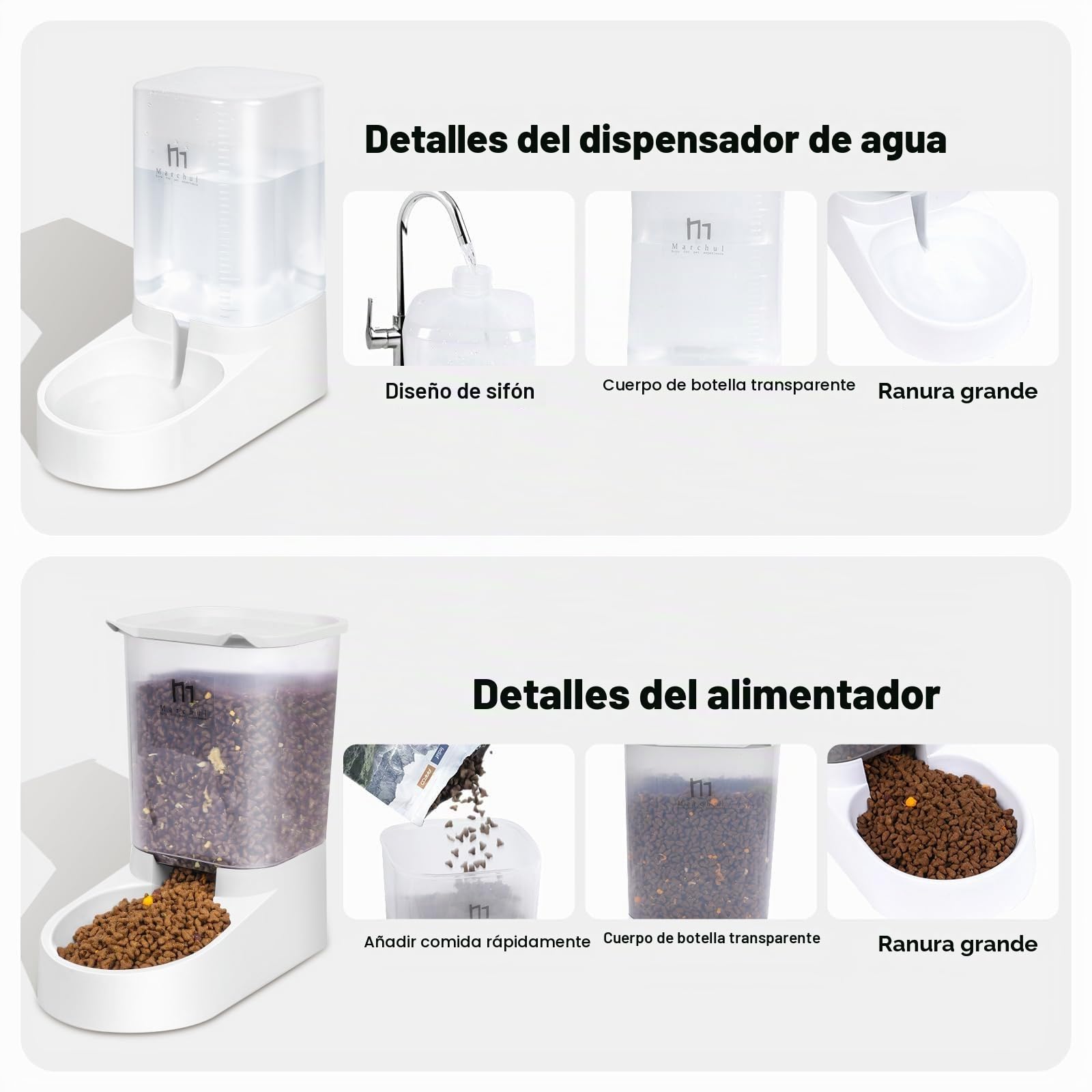 Marchul Dispensador para Gatos y Perros, Comida y Agua, Pack 2 Unidades, Comederos Automáticos, 3.8 L c/u, Comedero, Alimentador y Bebedero para Mascotas (Alfombrilla de Silicona)