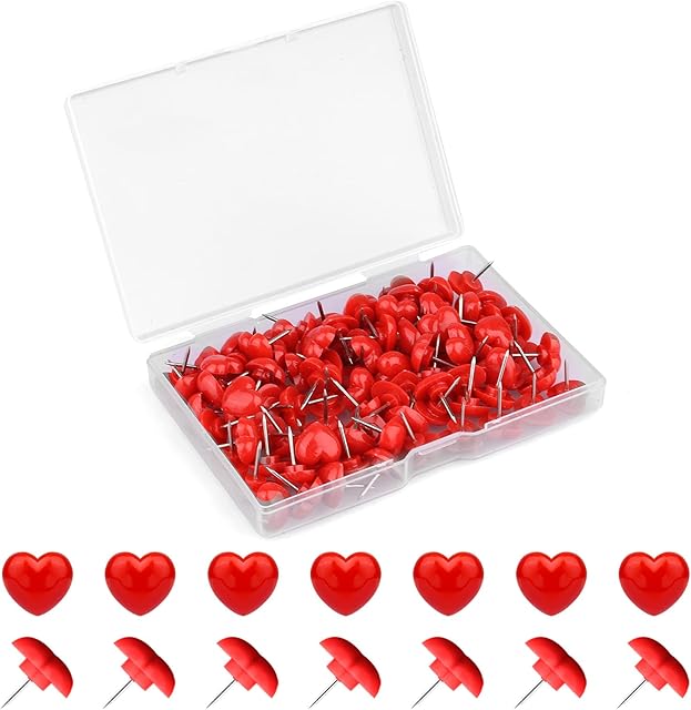 100pcs Push Pins, 0.47inch Plastic Pushpins Push Pins with Stainless Steel Point Heart-Shaped Decorative Thumb Tacks for Cork Board Bulletin Board Wall Decor (Red)