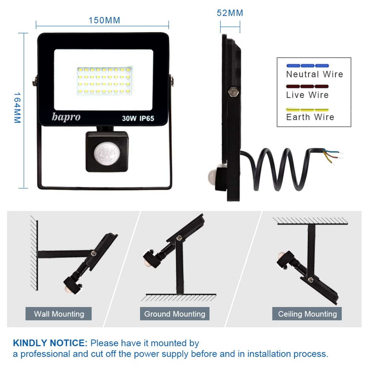 Faretto LED Esterno Kolpop 30W | Sensore Movimento, IP65, 3000LM, Bianco Freddo 6500K - Foto 7