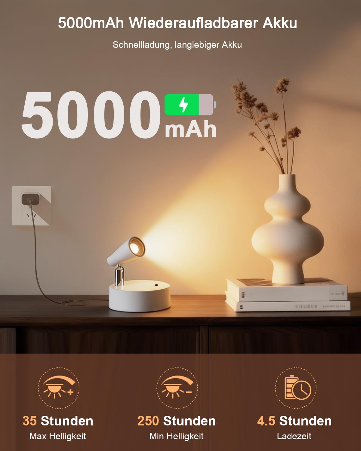 Spotlight LED Akku Aufladbar Kabellose Innen mit 5000mAh, Wandspot mit 350° Drehbare,2Pack Aufladbare Wandleuchte Innen mit 3 Farben Dimmbar Touch Fernbedienung für Bilderbeleuchtung