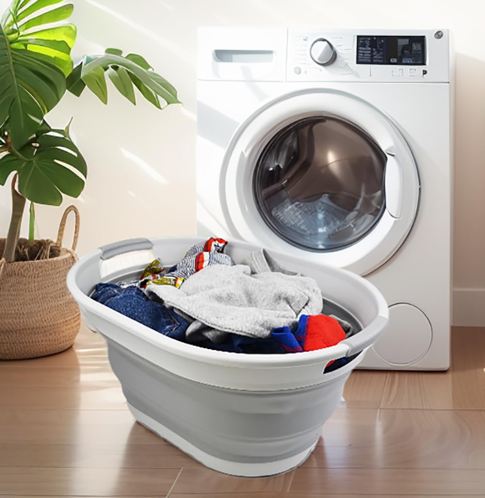 SAMMART 28L Oval Collapsible Plastic Laundry Basket - Foldable Pop Up Storage Container/Organizer - Portable Washing Tub - Space Saving Hamper/Basket (1, White/Grey)