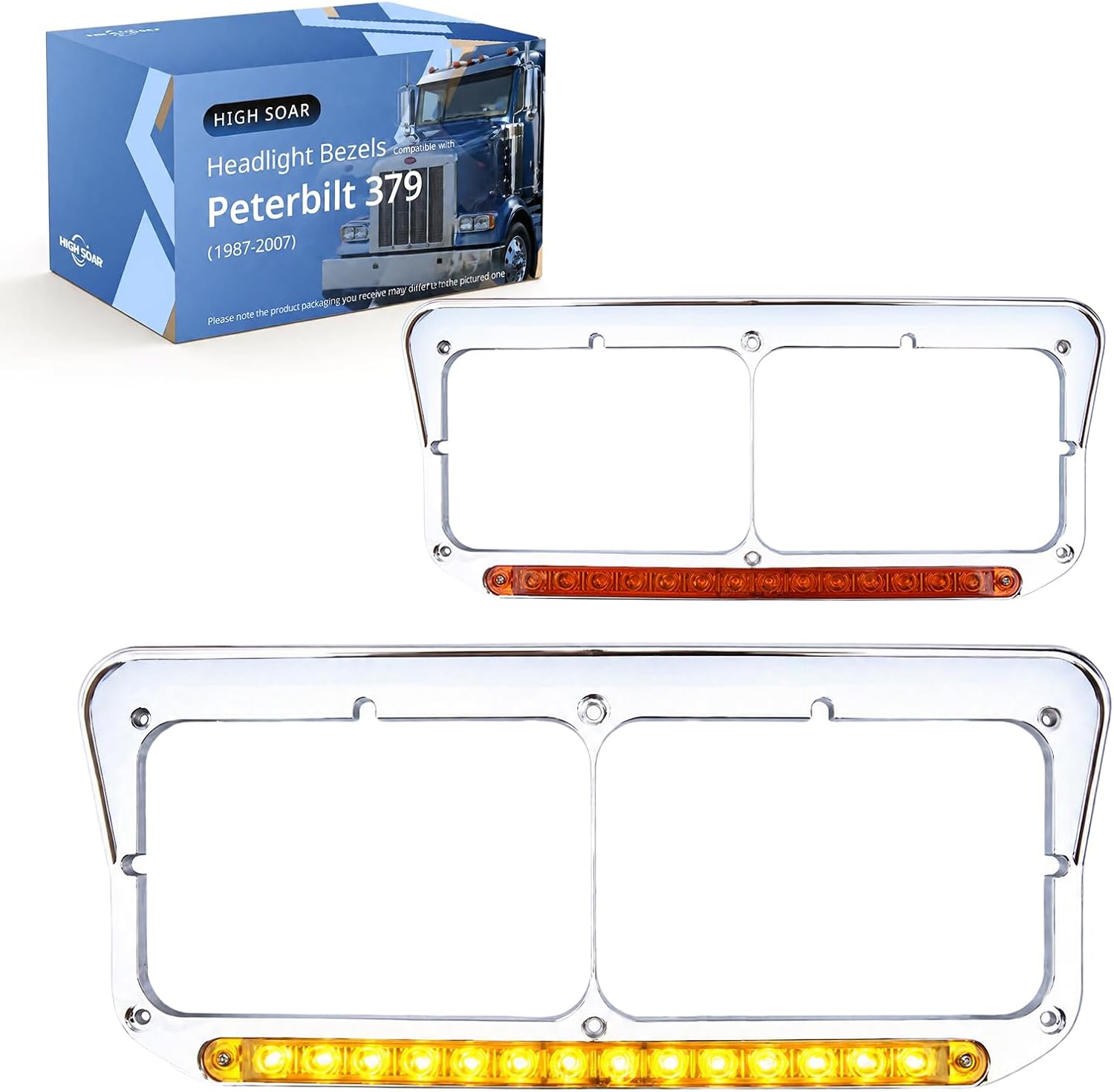 High Soar 2x Headlight Bezel With 12" LED Light Chrome Driver & Passenger Side LH & RH Replacement for 4x6 Light for Kenworth T400 T600 T800 W900B W900L Peterbilt 378 379 Western Star 4900 Trucks