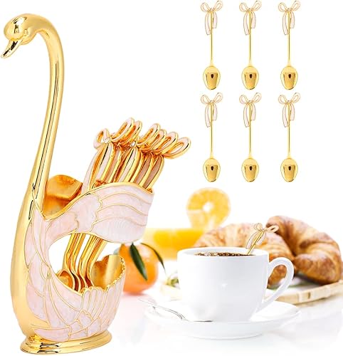 Watris Veiyi Juego de cucharas de café, juego de cucharas de postre, 6 cucharas de té con soporte de base de cisne, organizador de cucharas de café