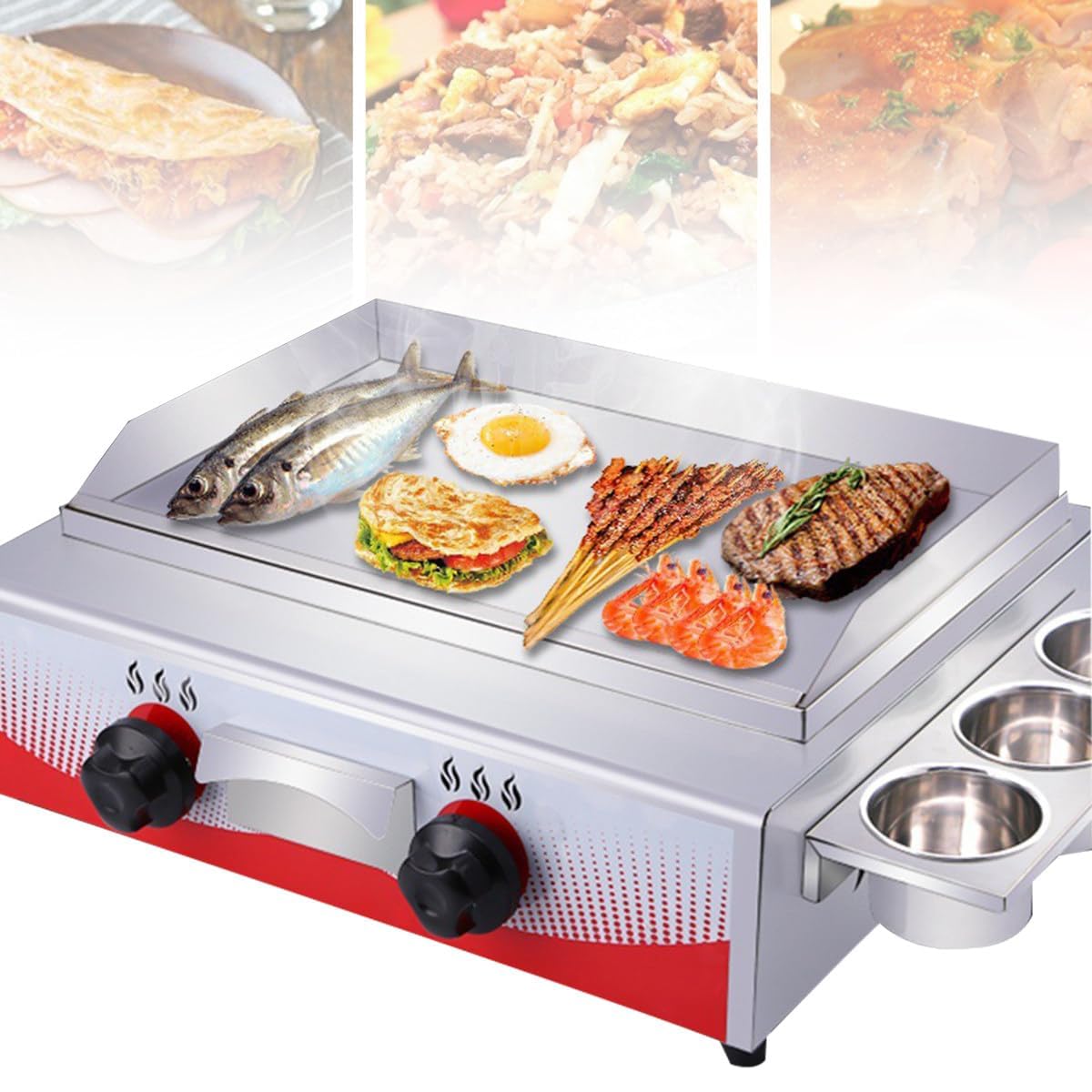 Plancha de Gas Profesional Doble - Encimera de Acero Inoxidable, Placa Plan para Parrilla y Filetes - Calentamiento Rápido