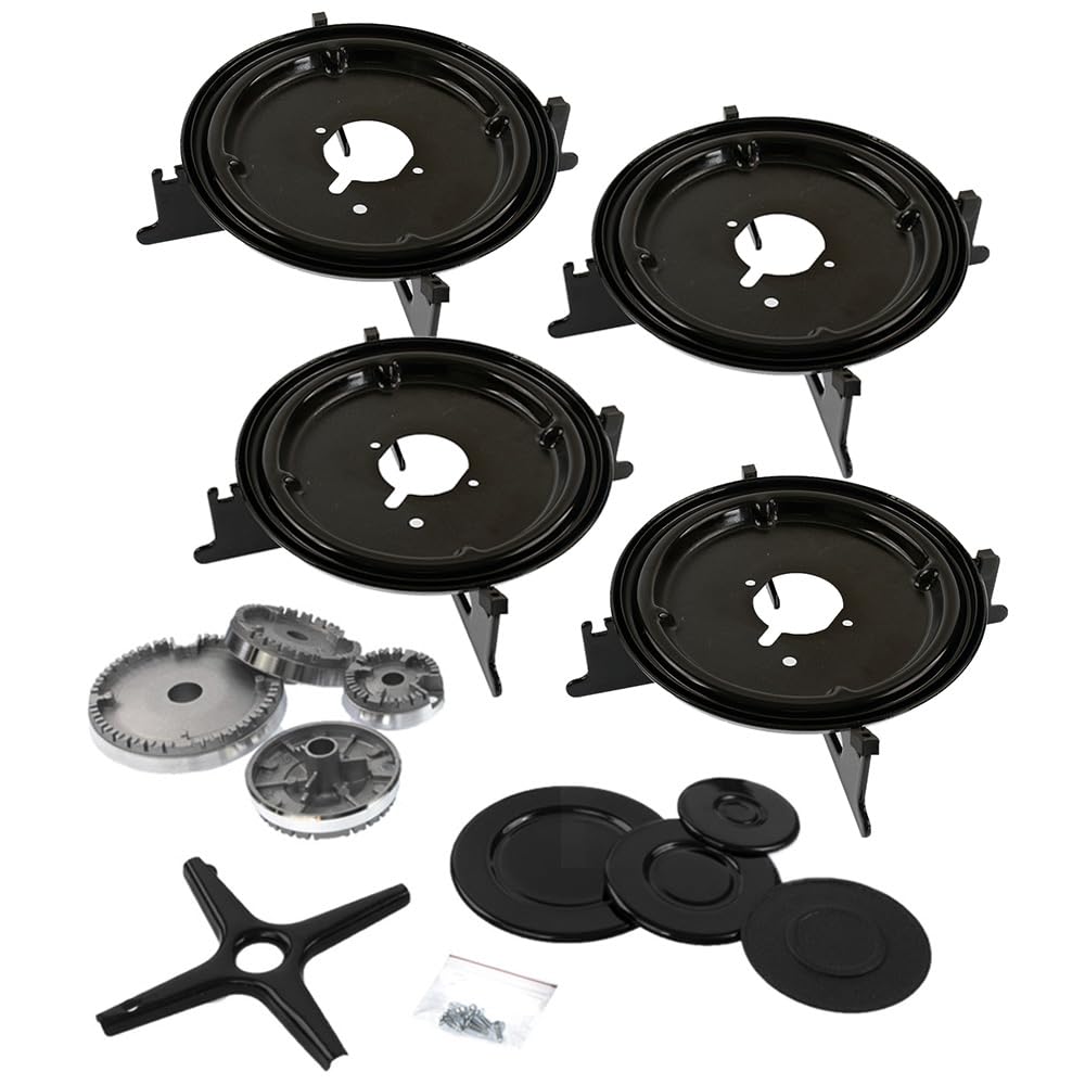 Universal Gasherd Stützset mit Herd Top Brenner & Deckel Set - 4 Pfannenstützen, 4 Grillplatten, 4 Grillplatten, 1 Topfständer, (Befestigungsschrauben), 4 Gasbrennerkrone + 4 Kappe