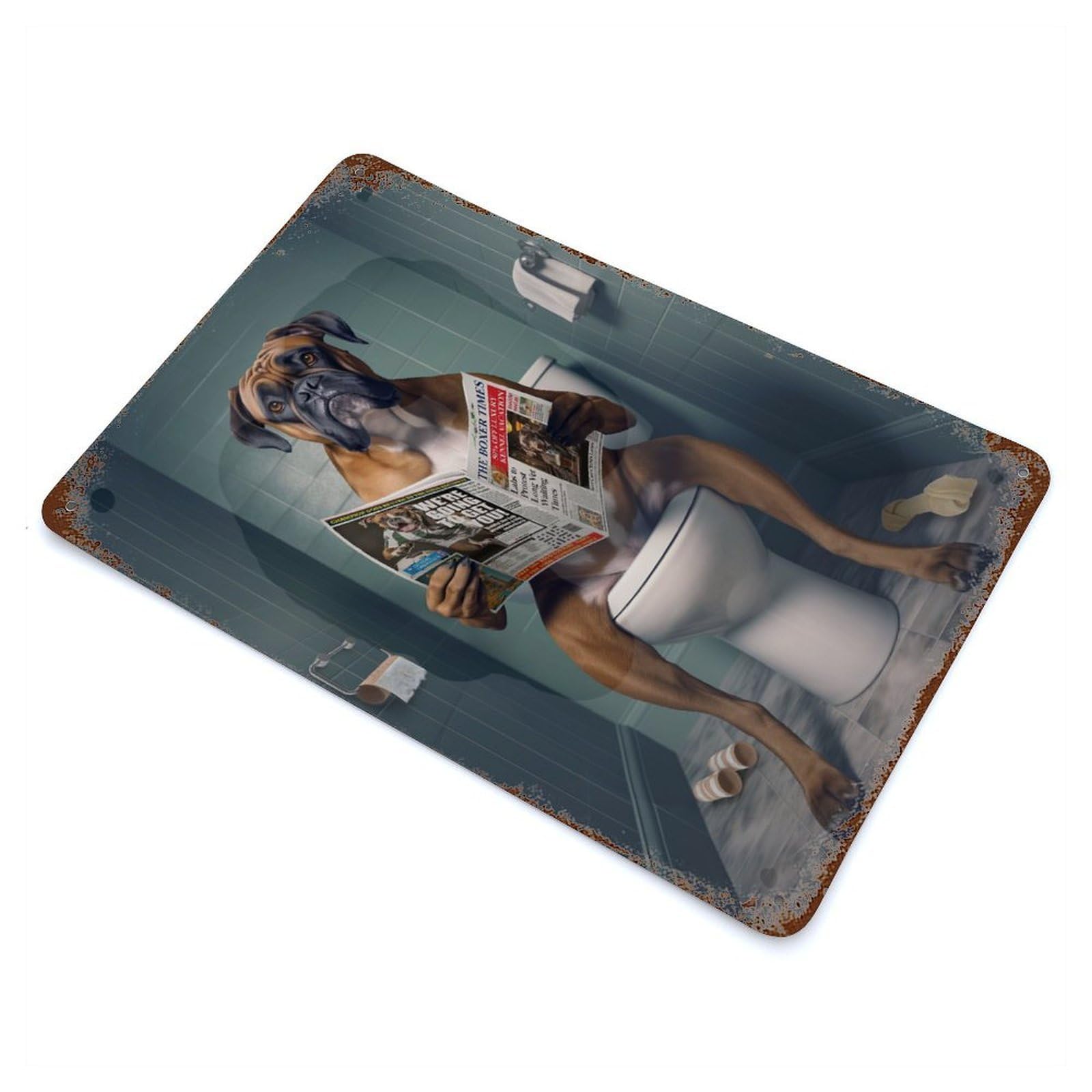 Boxer Dog on The Toilet 11.8"x7.9" Vintage Rust Metal Sign, Shabby Chic Decor for Garage, Bar And Workshop Decor