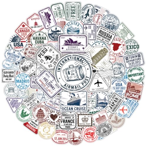 100PCS Travel Stamp Stickers Vintage Passport Stamp Vinyl Waterproof Stickers for Laptop Water Bottle Scrapbook Travel Lovers