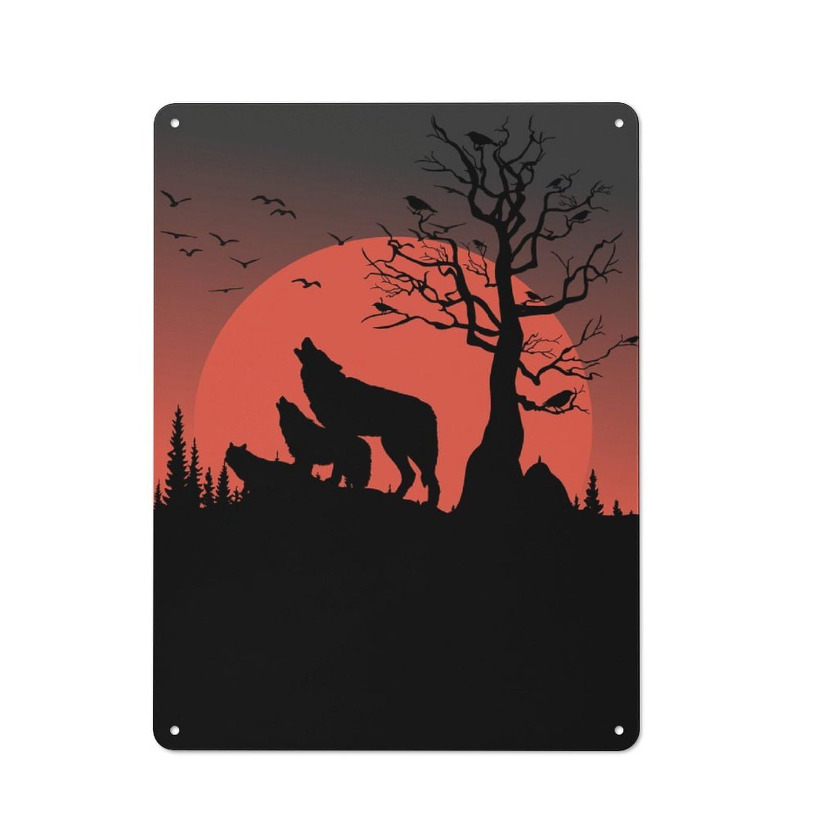 Vintage Tin Sign 40x30cm with Wolves Howling at A Red Moon for Pub Or Café, for Hospitality Wall Decor Collectors
