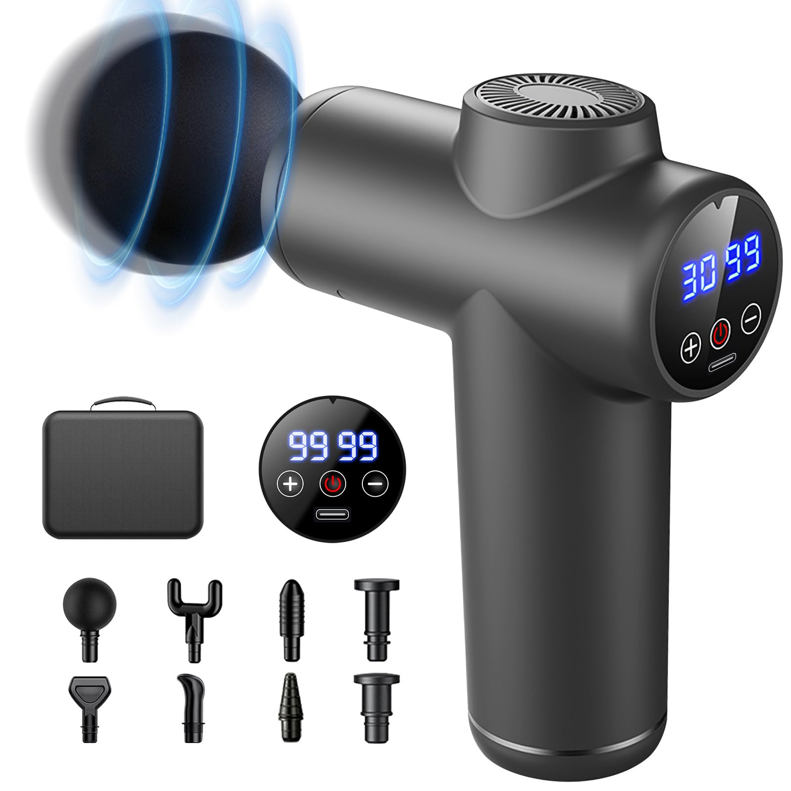 Pistola de Masaje Muscular,99 Velocidades,8 Cabezales de Masaje,Pantalla LCD Táctil 29900rpm,con Tipo-C y caja dealmacenamiento,Masajeador de Músculos para Aliviar el Dolor Muscular (Gris)