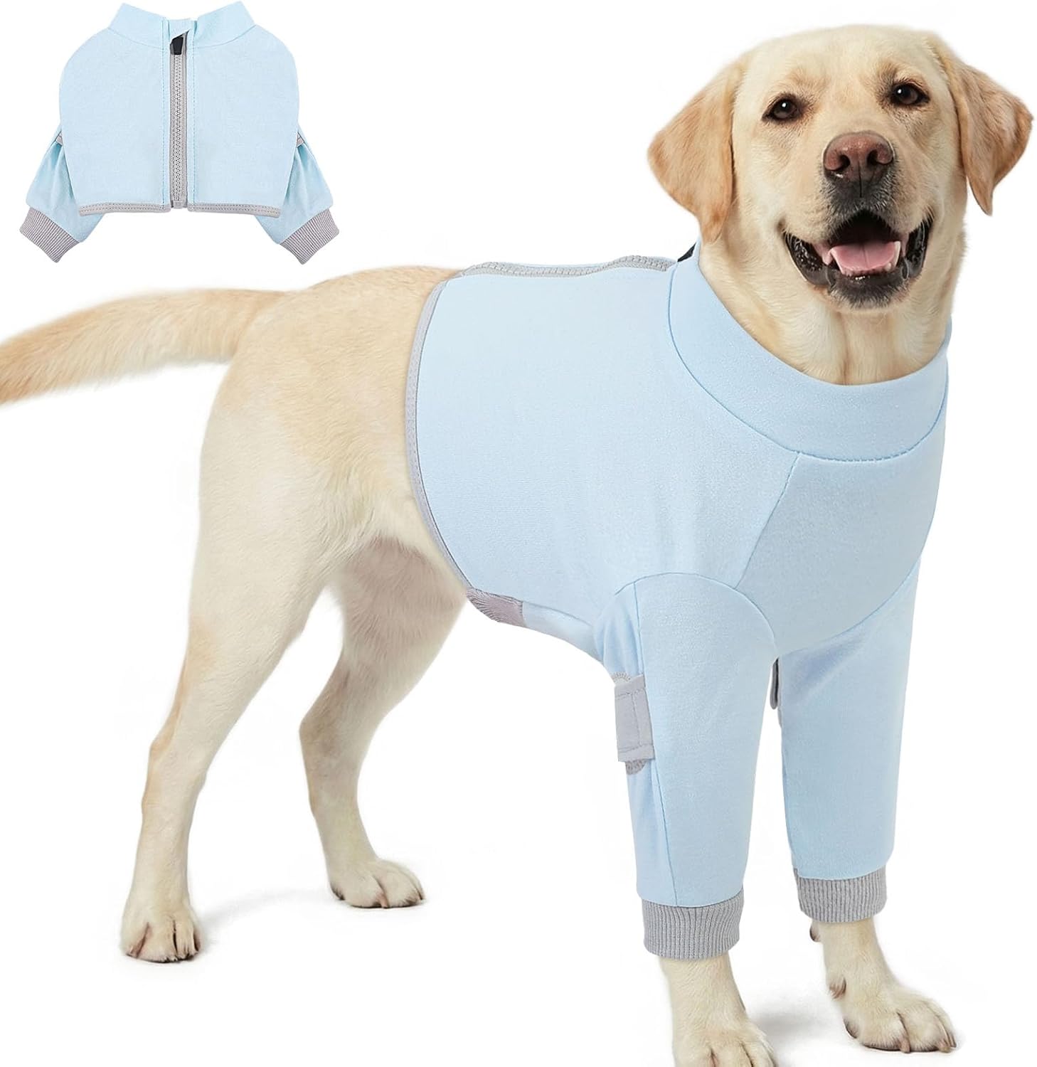 KOESON Dog Front Leg Sleeve, Dog Recovery Suit with Elbow Protector, Soft Dogs Sleeve to Stop Licking After Surgery, Long Sleeve Recovery Shirt with Zipper for Large Dogs, Alternative to Cone, Blue