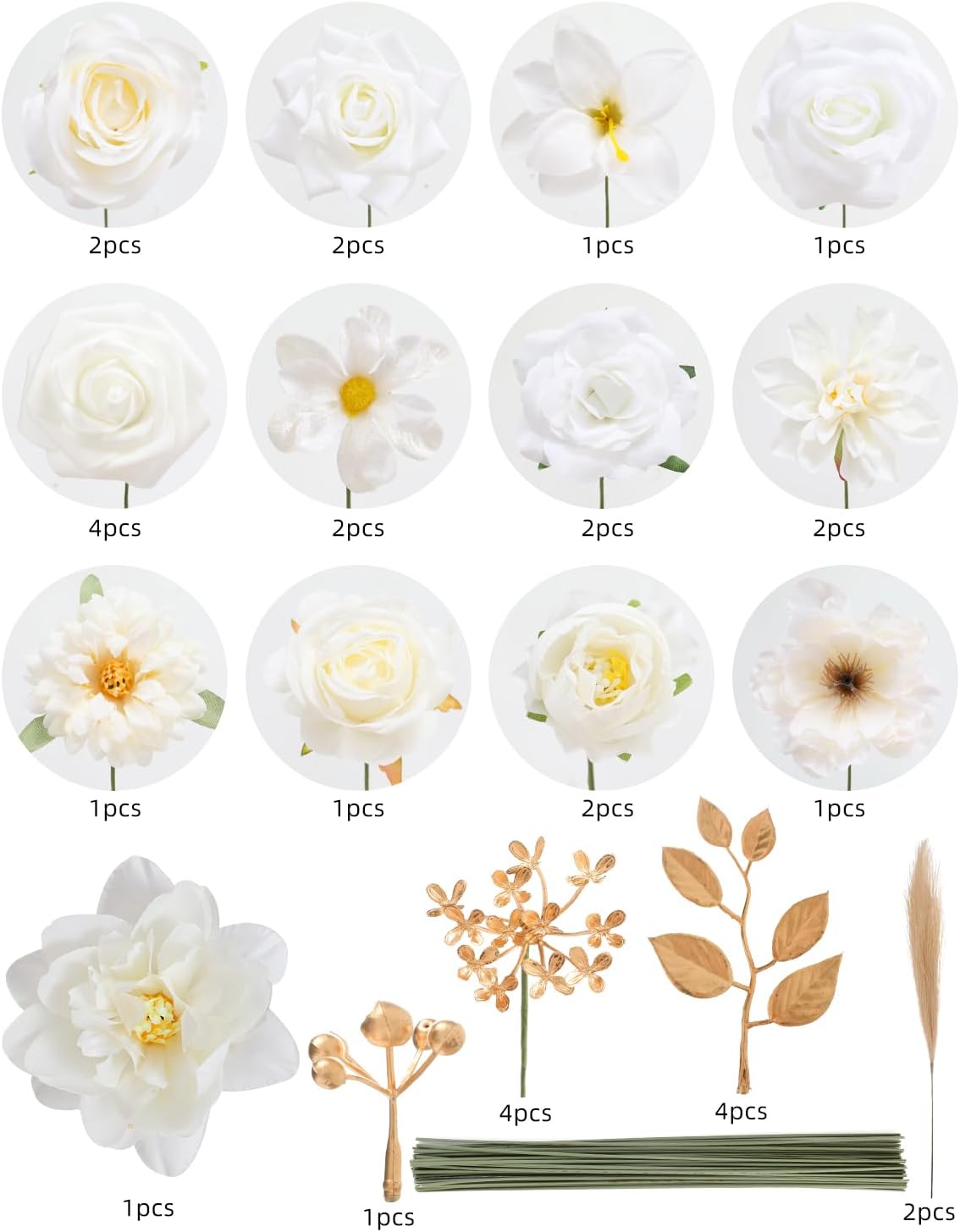 Artificial Flowers Combo, Mix Silk Flowers Roses, Peonies, Dahlias with Stems for DIY Wedding Bridal Bouquets, Baby Shower, Table Centerpieces, Home Decor, Fake Floral Arrangements-White - Image 7