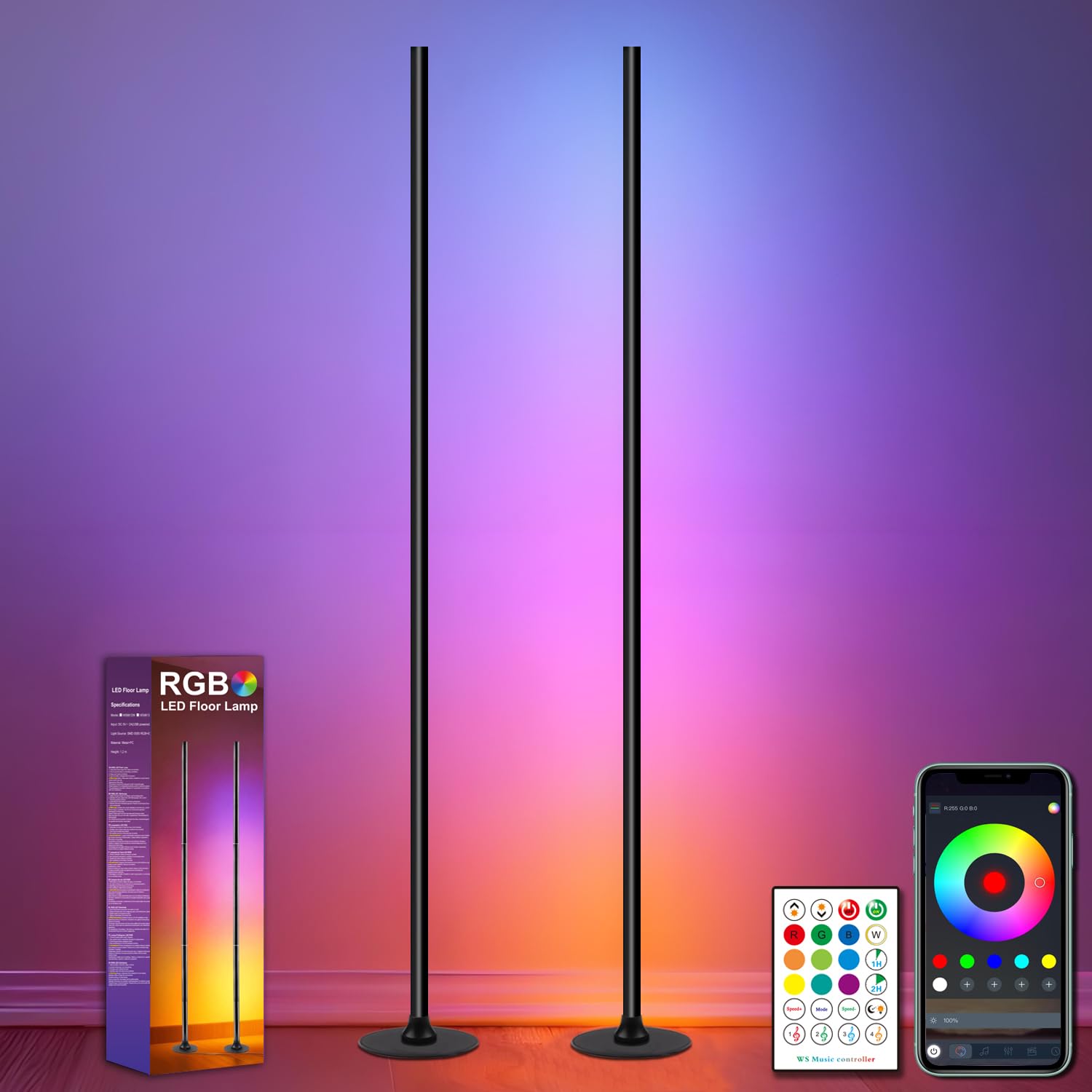 LED Stehlampe,2 Stück,1.6m,Wohnzimmer Dimmbar mit Fernbedienung und APP,RGB Led Stehlampe,Musik-Sync,16 Millionen Farben,234 dynamische Modi,33 Themen Modi Standleuchte für Schlafzimmer,Schwarz