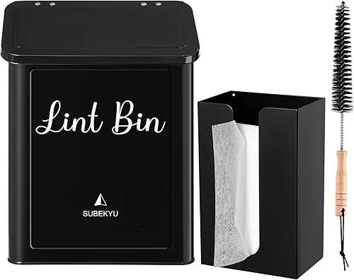 SUBEKYU Juego de contenedor magnético para pelusa y hojas de secadora para lavandería, cubo de basura de metal con tapa y caja de pelusa magnético