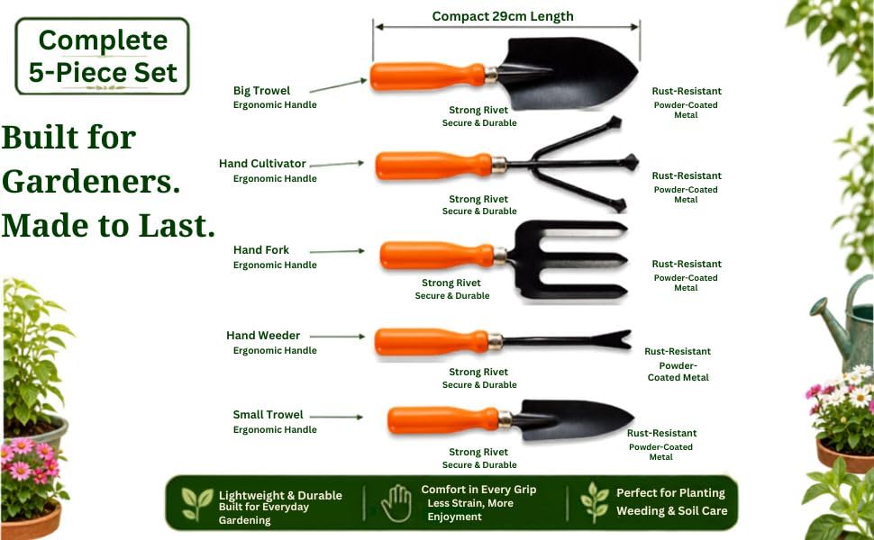 Image of Gardening Tools Kit (Set of 5), 2 Trowels, Hand Fork, Weeder, Cultivator,| Manual Tools Kit for Home Garden, Indoor and Outdoor Gardening (GTK)