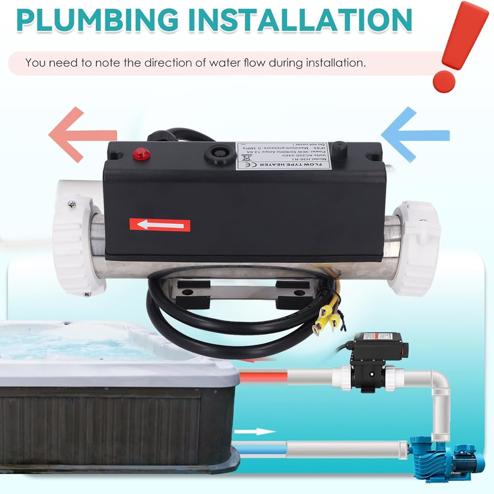 Gugxiom Calentador de Piscina, Eléctrico, Calentador de Agua, Termostato con Control de Temperatura, Autocalentamiento para Bañera de Hidromasaje, Piscina, Cableado (3KW)