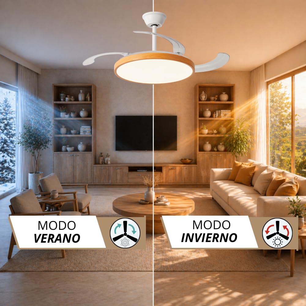 NARVI Ventilador de Techo Blanco y Madera Haya con Luz LED Regulable, Motor DC Silencioso de Bajo Consumo, Lámpara Ventilador con Mando, 3 Aspas Retráctiles, BRETAÑA 1779 WDN+WH