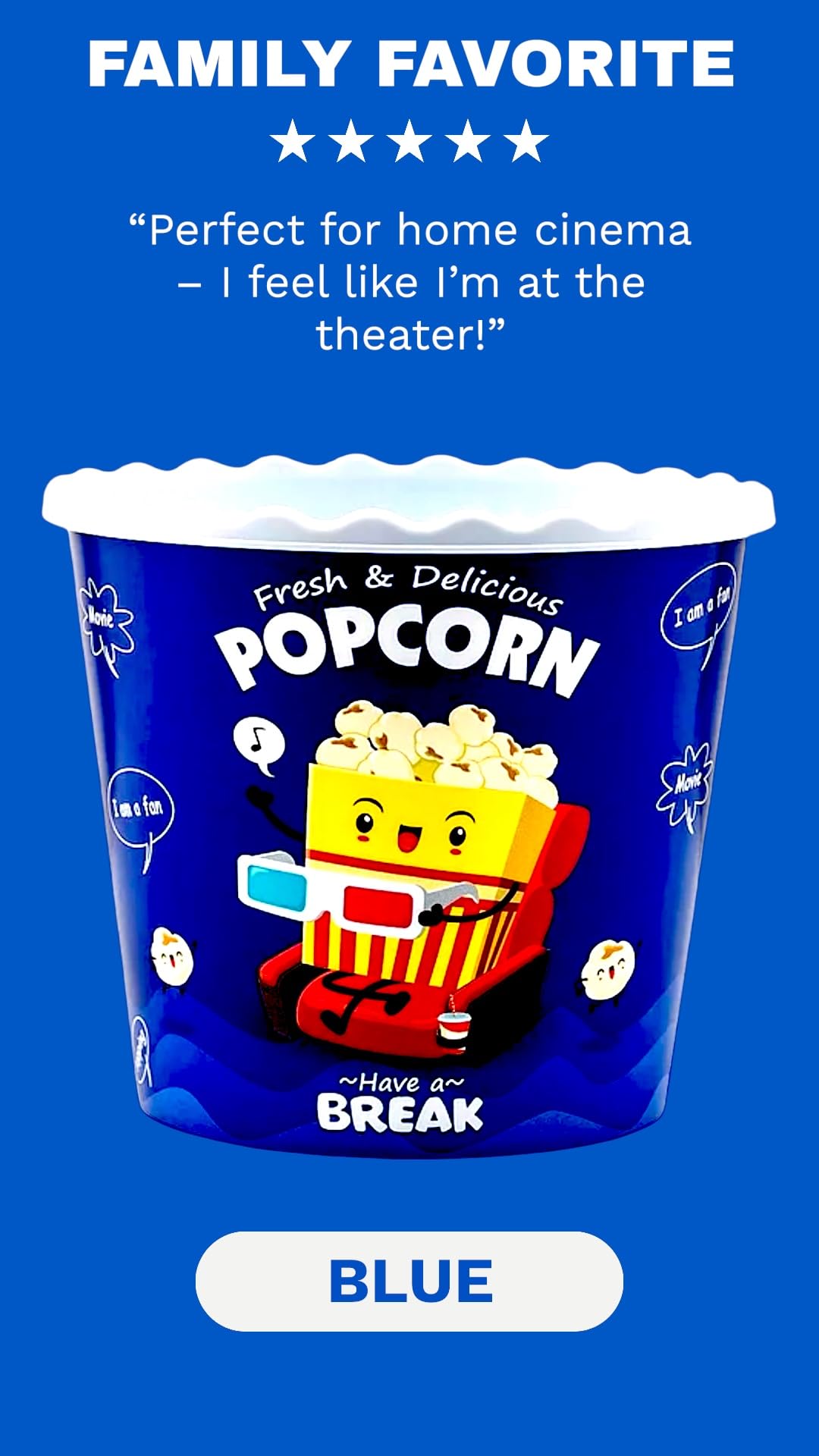 Caja de palomitas de maíz de plástico reutilizable de estilo moderno, para palomitas de maíz, juego de cuencos de palomitas de maíz para la noche de cine – libre de BPA – azul, paquete de 4 – 70 onzas