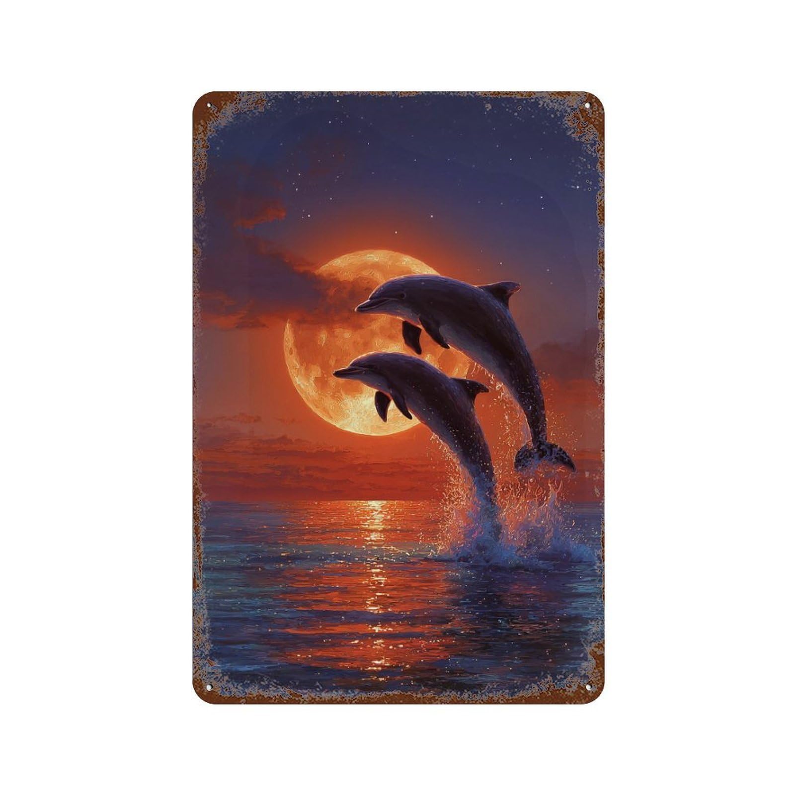 Rusty Metal Tin Sign with Dolphins Jumping Against Full Moon Design 11.8"x7.9", for Shed, Workshop And Garage Wall Decor, Classic Wall Plaque