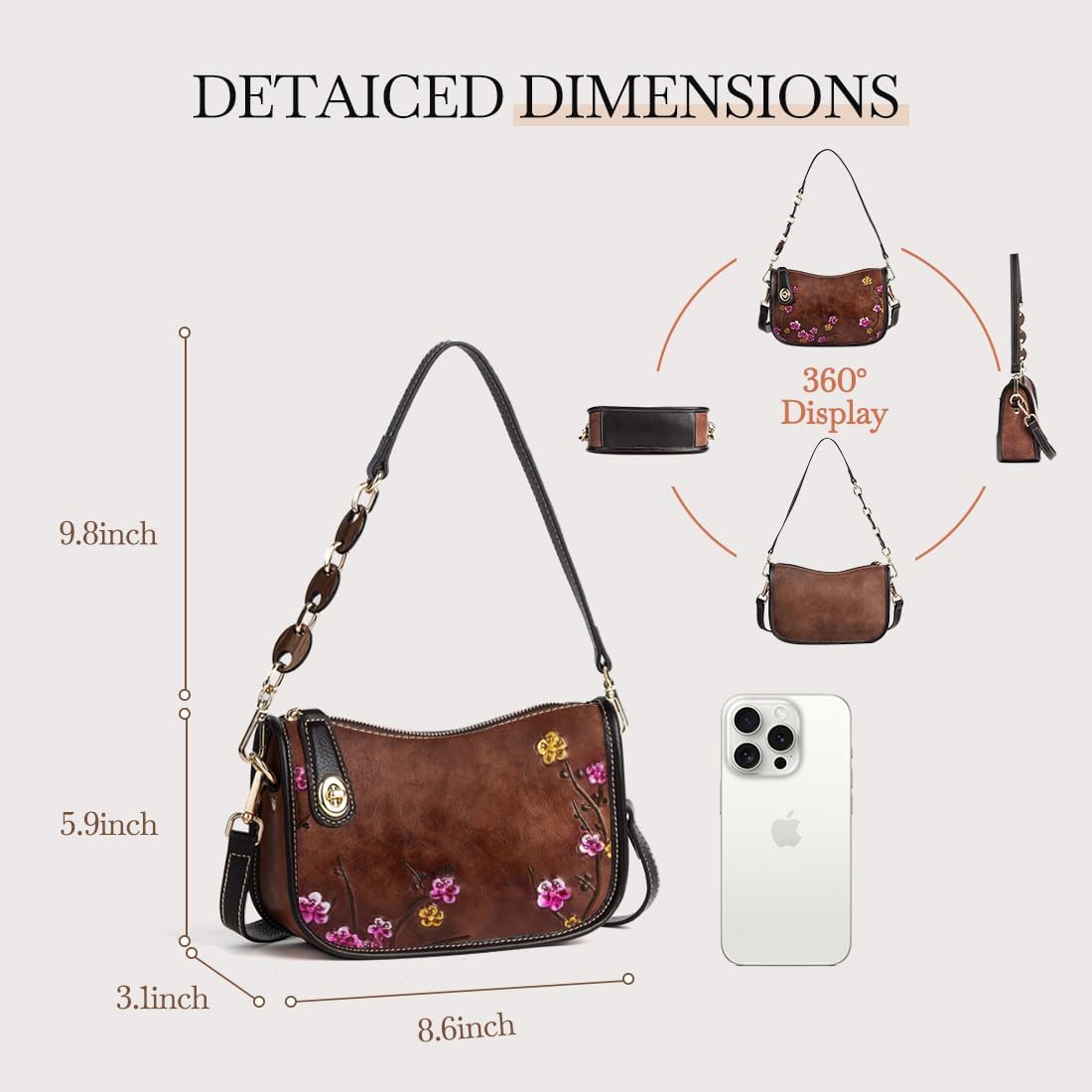 Genuine Leather Vintage Bag & Wallet Set for Women - Cowhide Crossbody Purse with RFID Blocking Wallet, Flower Embossed Retro Gift Combo - Image 5