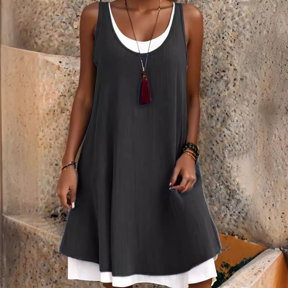 Damen-Midikleid aus Baumwollleinen, ärmelloses U-Ausschnitt-Midikleid in Knielänge, A-Linien-Tunika, Mini-Swing-Sommerkleid, lässiges Strand-Sonnenkleid