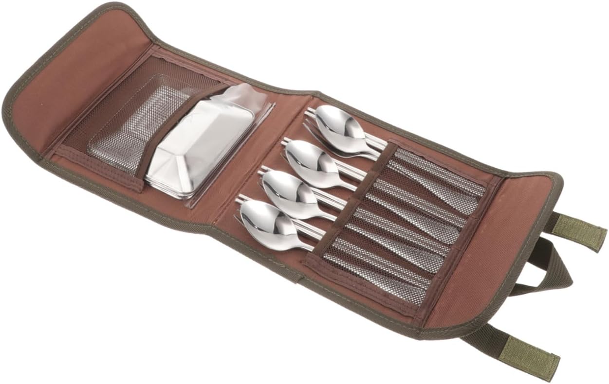 GANAZONO Outdoor Stainless Steel Cutlery Set for Camping Picnic Barbecue – Spoon Chopsticks Fork Plate 4-person Portable Tableware with Carry Bag Random Color