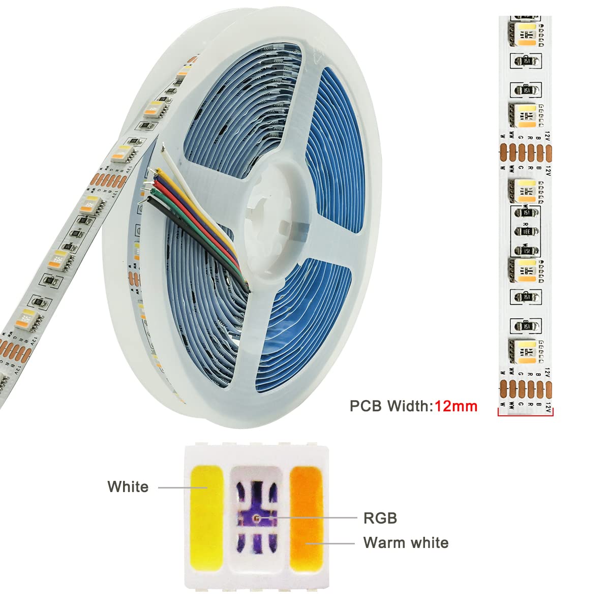 12V 5 in 1 Chip LED Streifen RGB+CCT, RGB + Weiß + Warmweiß (2800K bis 6500K) RGBCW 5M Mischfarben Strip Lichtband IP20 300 LEDs Band Lichtleiste Leiste