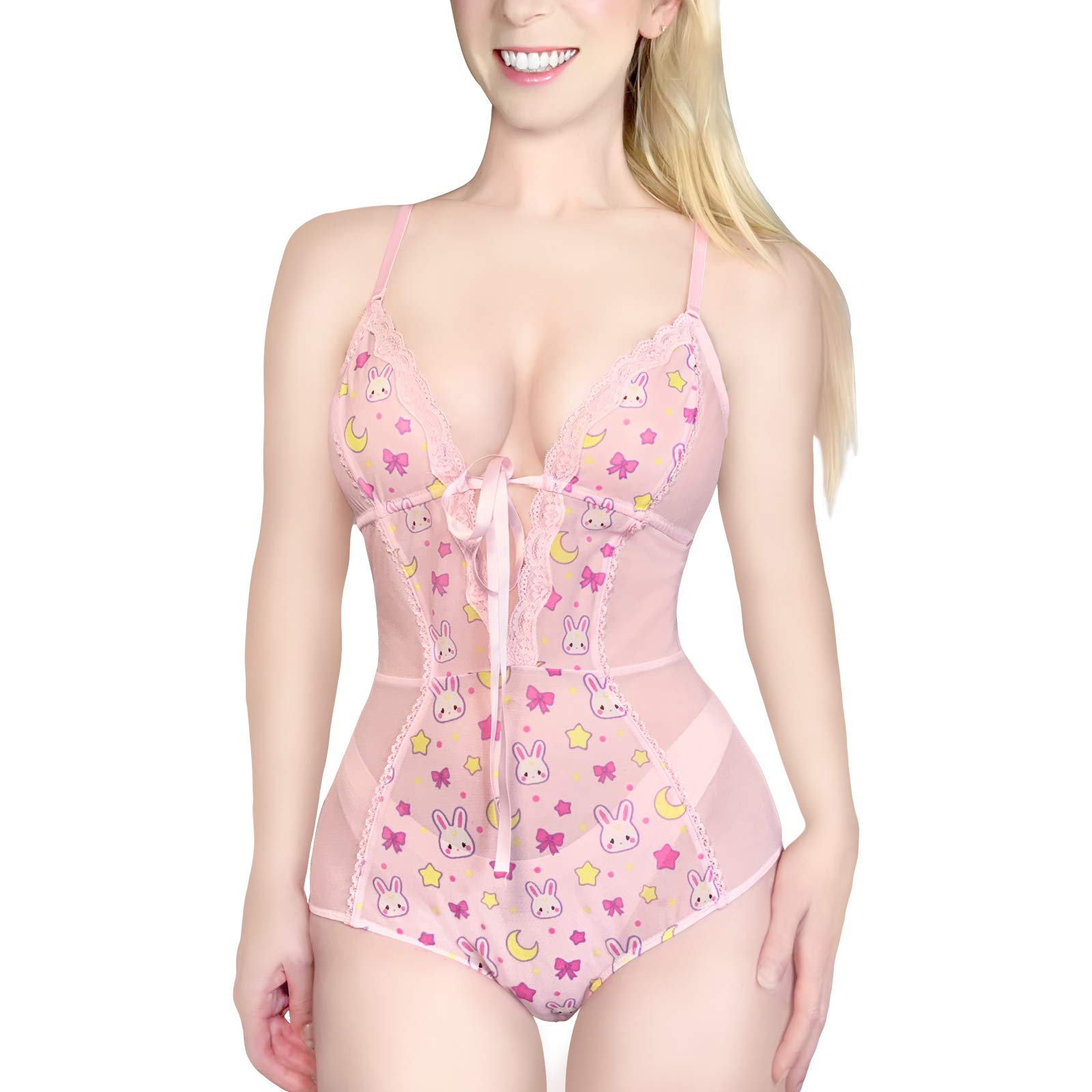 Nightwear Mesh Lace V Neck Usagi One Piece Baby Doll Lingerie Bodysuit - Pink X-Small