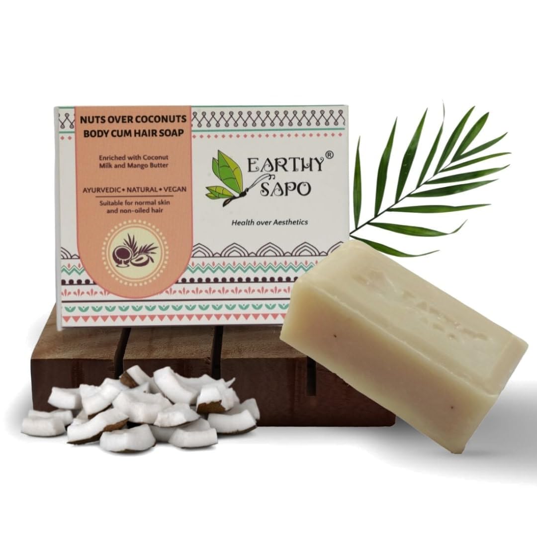 Earthy Sapo Handmade Nuts Over Coconuts Body and Hair Soap | Coconut Milk & Mango Butter Blend for Nourishing Skin and Hair Care | Multipurpose Use | 100g (Pack of 1)