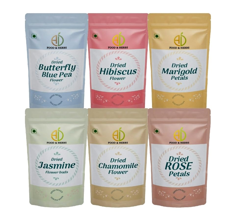 A D Food & Herbs Combo of Dried Jasmine/Butterfly Pea/Marigold/Rose/Hibiscus/Chamomile Flower Petals Aromatic Edible for Homemade Lattes,Tea Blends,Bath Salts,each pack (50 Gms) (B0B54WDPM8) Amazon Price History, Amazon Price Tracker