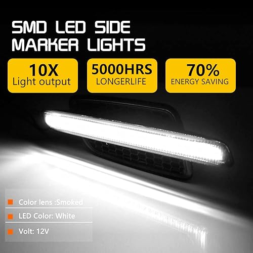 Miniatura 3 de Tonsya Para 2008 2009 Pontiac G8 - Luces de marcador lateral para guardabarros delantero luz de señal de giro luz blanca LED ahumada OEM