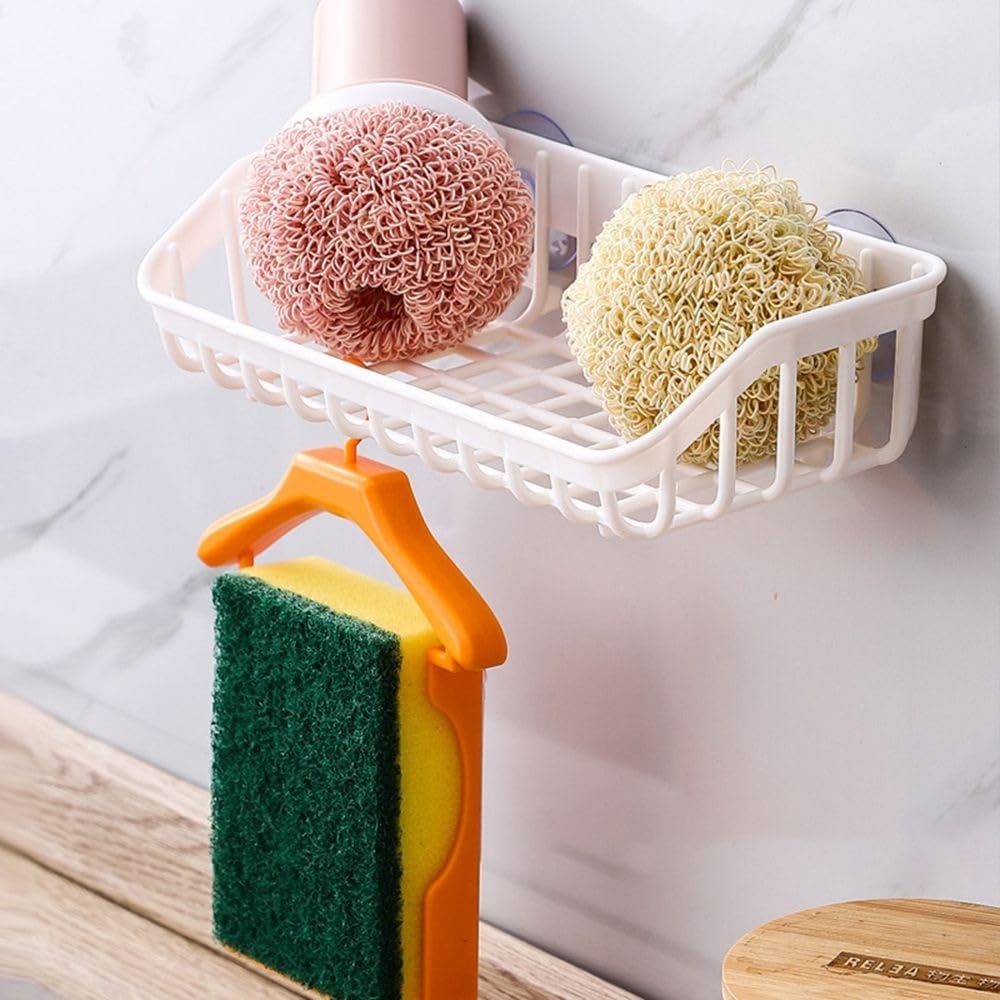 Mensola multifunzionale per lavandino, supporto per spugna e sapone per piatti, con ventosa, da appendere, per scolapiatti e spugna (bianco)