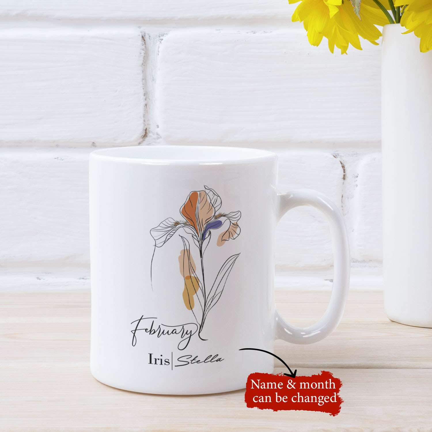 Lovely Iris Flower Line Art Design Tea Cups, Customized Name & Month Floral Art Coffee Mugs, Iris Cup Gift For Girl Women, Personalized Flower Plants Fans Mugs, Awesome Iris Cups