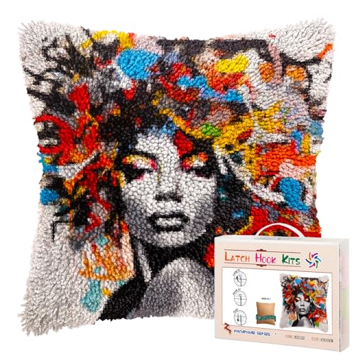 Graffiti Abstract African Woman DIY Latch Hook Pillow Kits for Adults Printed Pillowcase Crochet Yarns Hooking Handmade Pillow Cover Cushion for Home Sofa Decoration 17x17inch(1)