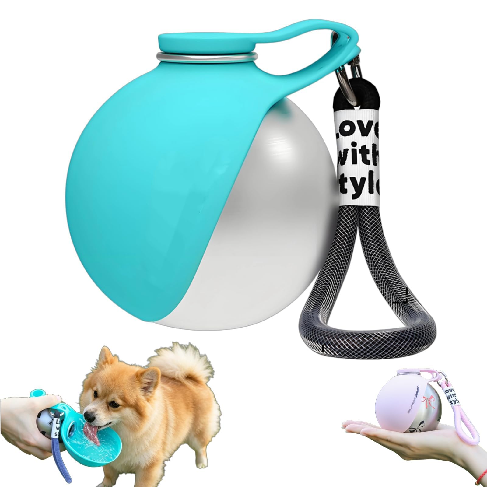Tragbare Haustier Trinkflasche, 285ml Edelstahl Wasserflasche für Hunde und Katzen, Hundetrinkflasche für Unterwegs mit Silikonnapf, Auslaufsichere Wasserflasche mit Faltbarem Silikonnap (Blau)