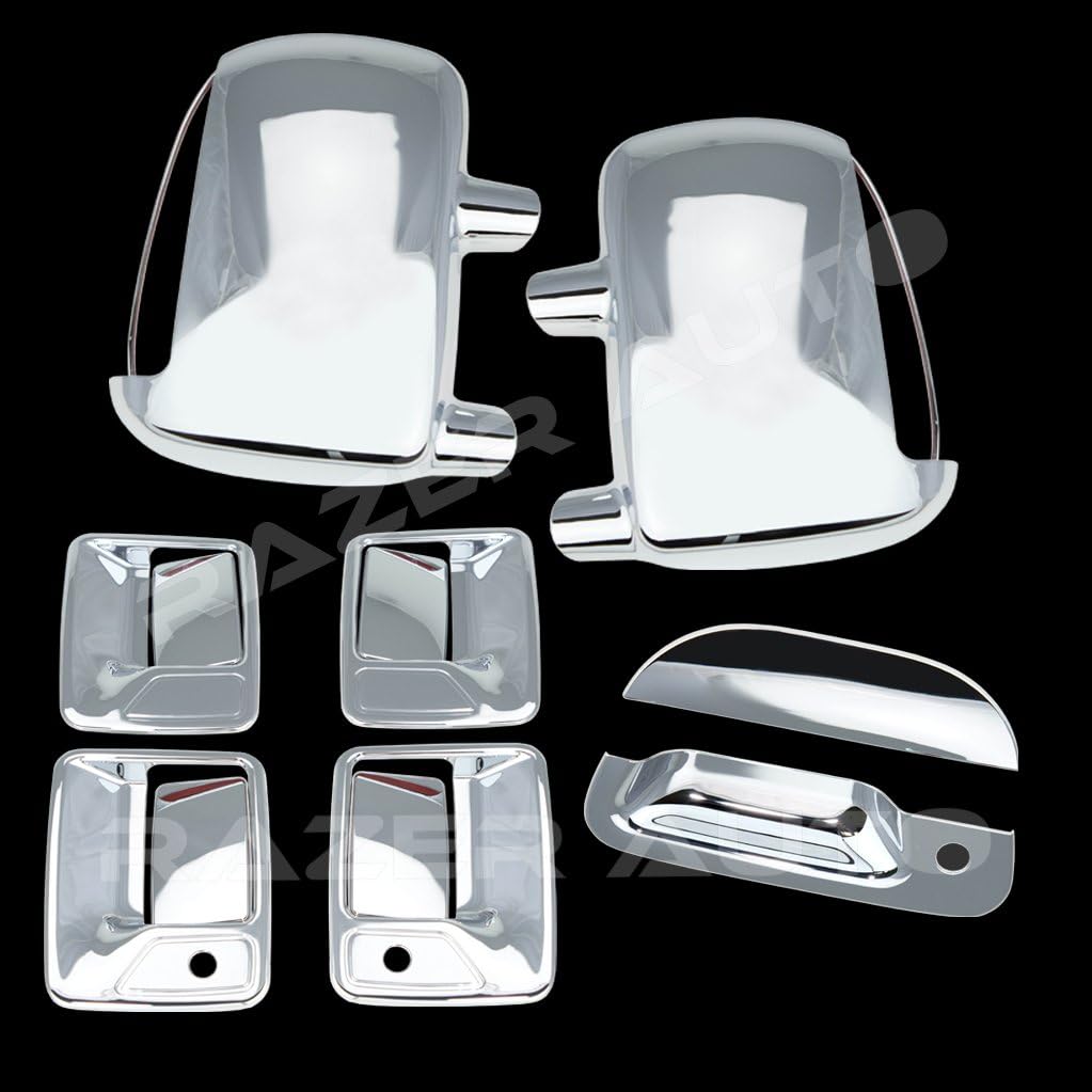 Triple Chrome Plated Mirror with Turn Signal Hole, 4 Door Handle with Passenger Keyhole, Tailgate Handle Cover for 99-07 Ford F250+F350+F450 Super Duty