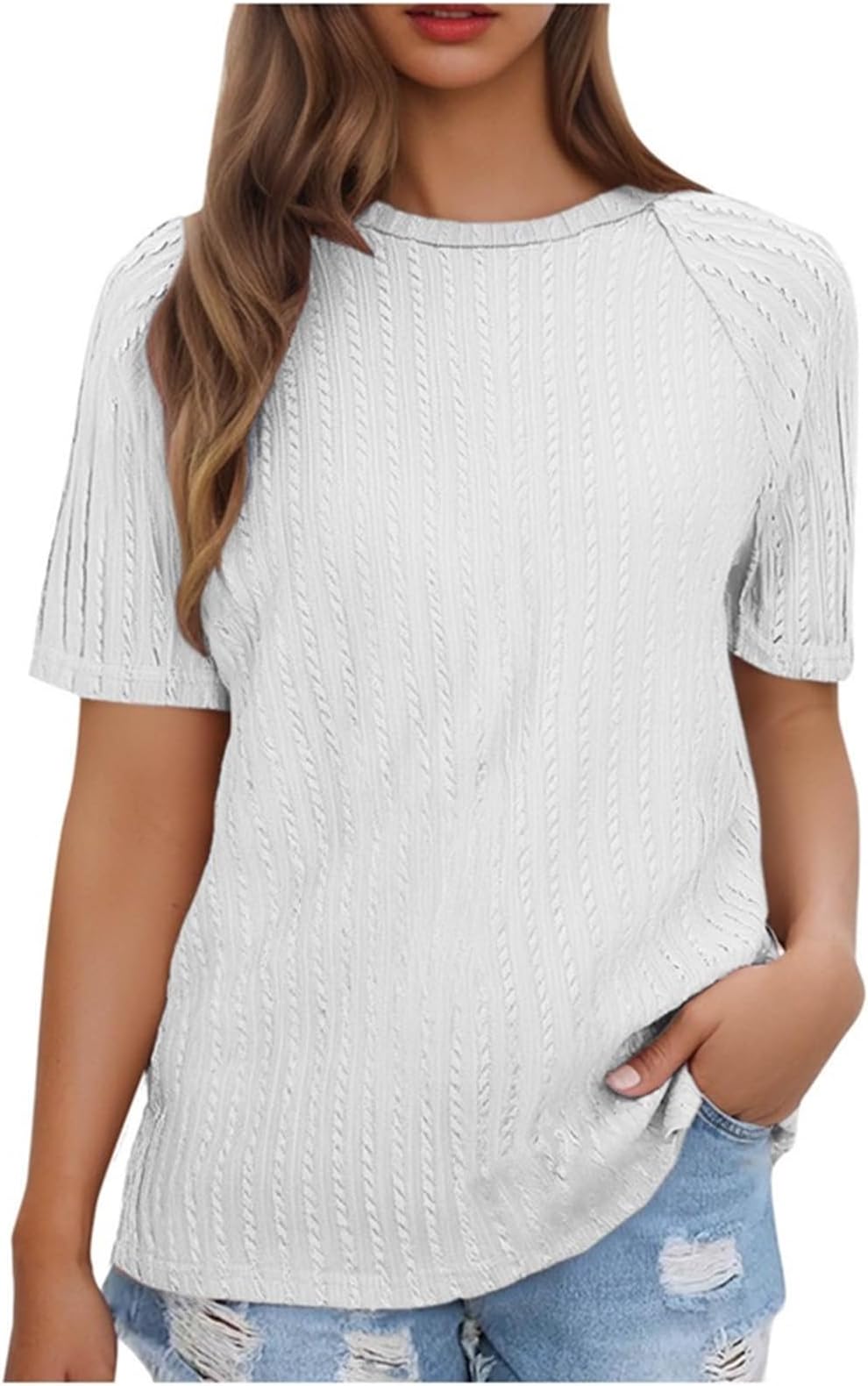 Women Summer Tops y2k Casual Solid Round Neck Pullover Loose Fashion Short Sleeve Elegant Dressy Business Tunic Blouse Print White