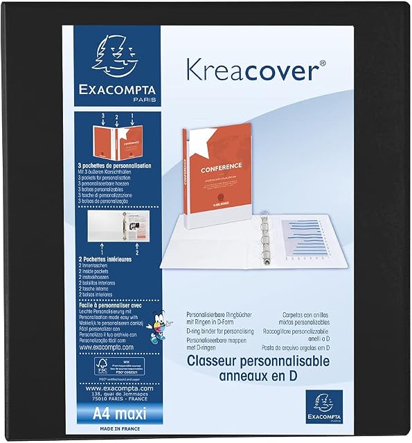Exacompta - ref. 51845NE - 1 customizable rigid opaque binder with 3 pockets - 4 D-rings of 60 mm - Spine 90 mm - External dimensions: 32 x 30 cm - Format to be filed A4 Maxi - Colour: black
