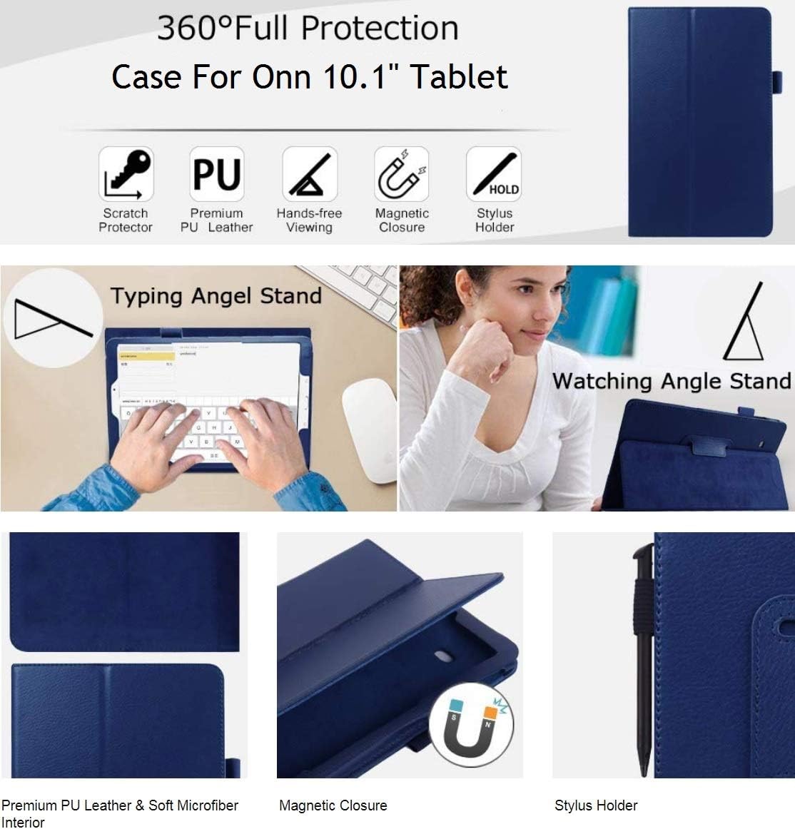 Onn 10.1 inch Case (Modle: ONA19TB003), PU Leather Protective Case with Multi-Angle Stand Folio Case for Onn 10.1 inch Tablet (Blue)