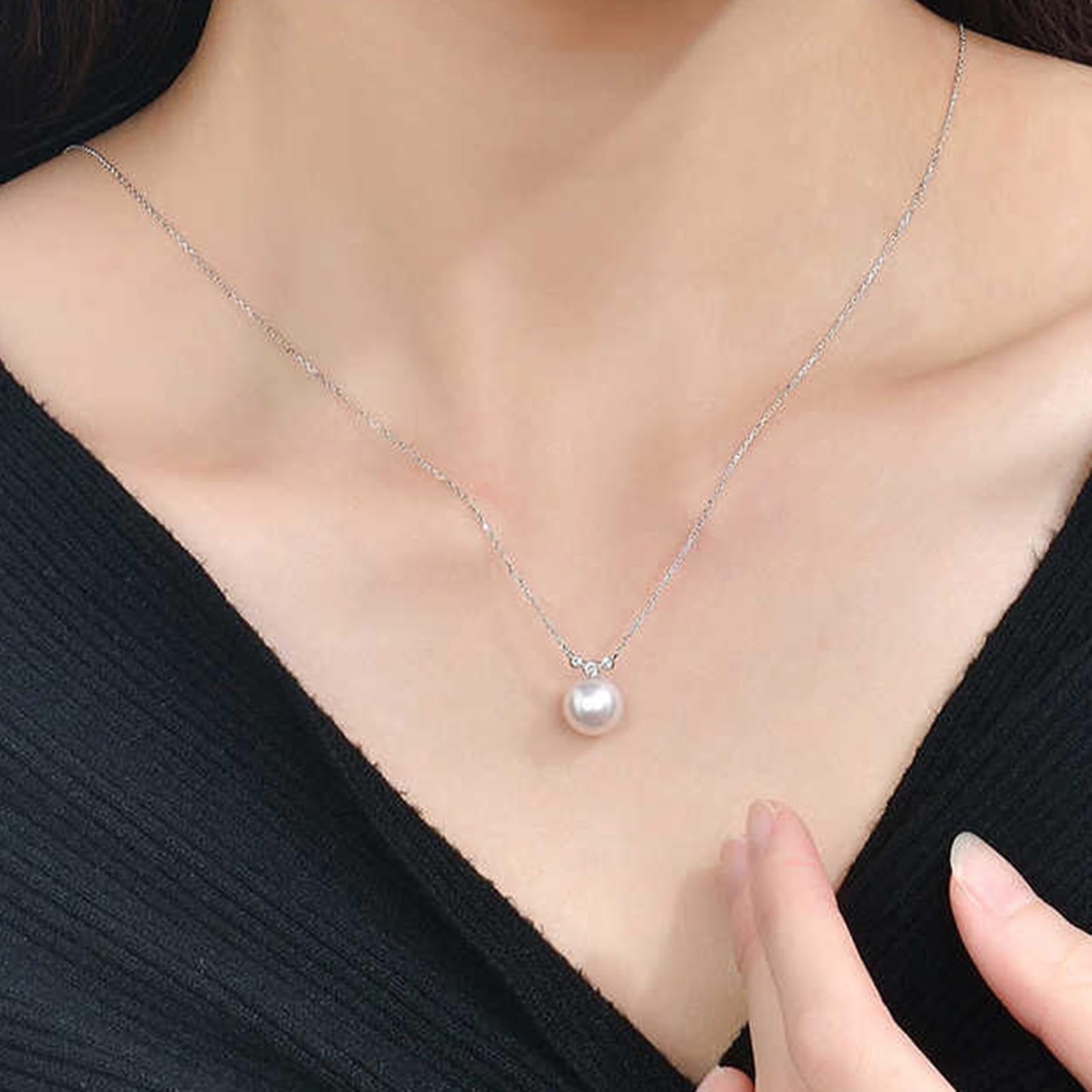 Collares de oro blanco para mujer, elegante collar de diamantes de 9K/14K/18K con colgante de perla de 8.5mm
